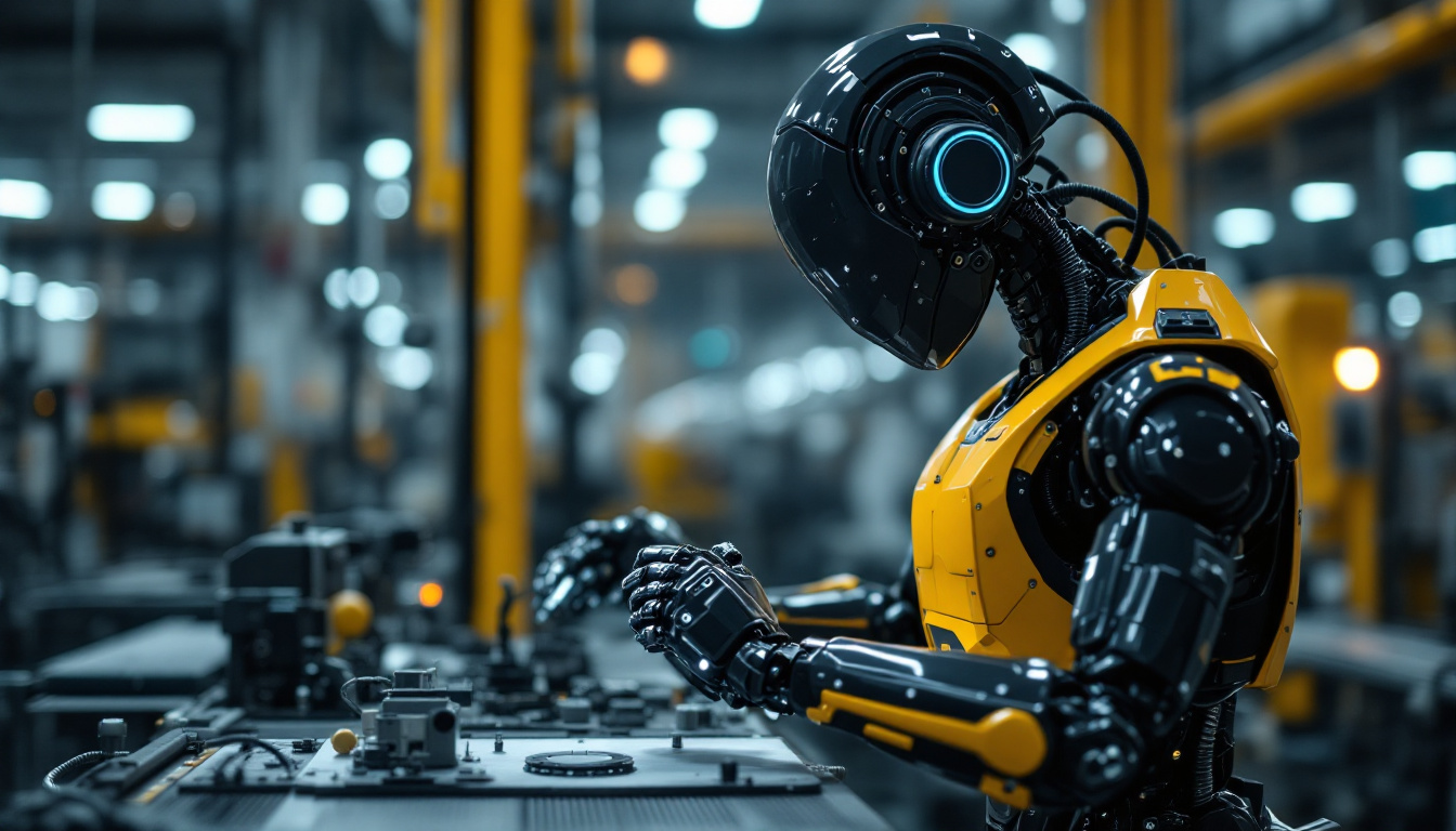 A photograph of a sleek industrial robot in action within a manufacturing environment