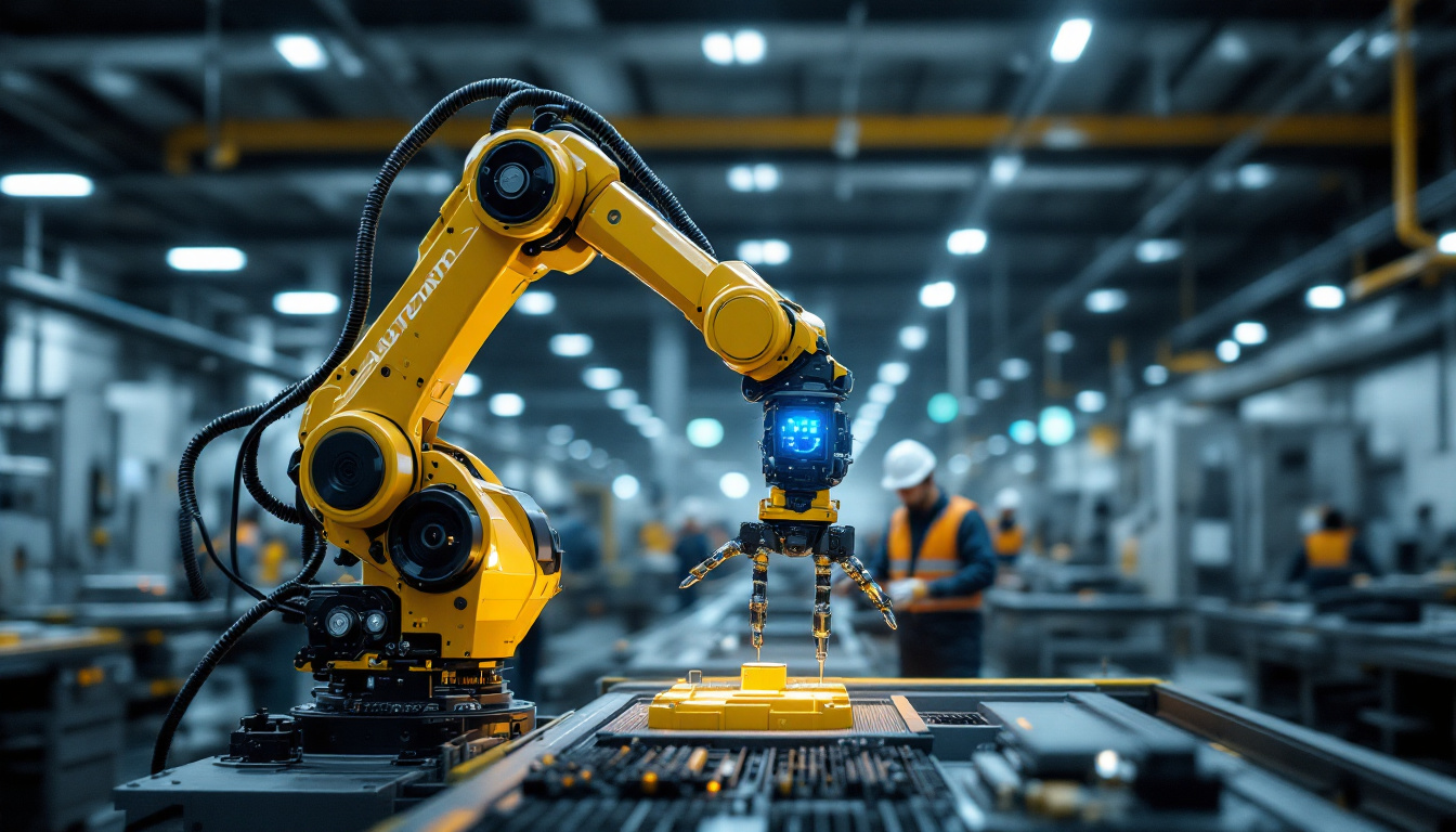 A photograph of a modern industrial setting showcasing a robotic arm in action