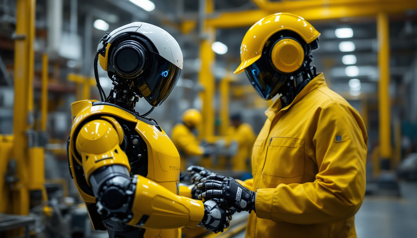A photograph of a tesla robot in an industrial setting