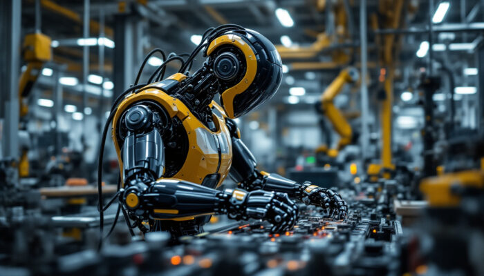 A photograph of a sleek industrial robot in action within a modern manufacturing environment