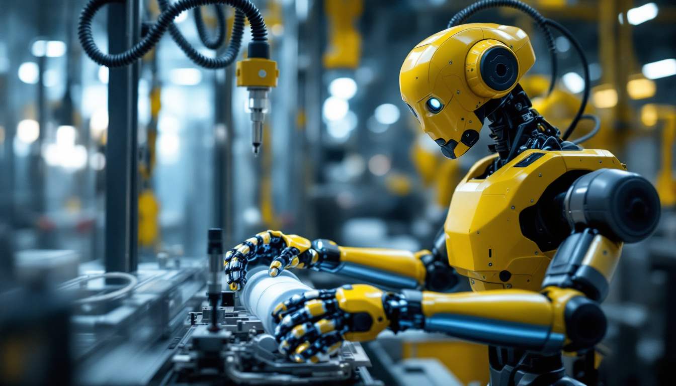 A photograph of a modern industrial robot in action on a factory floor