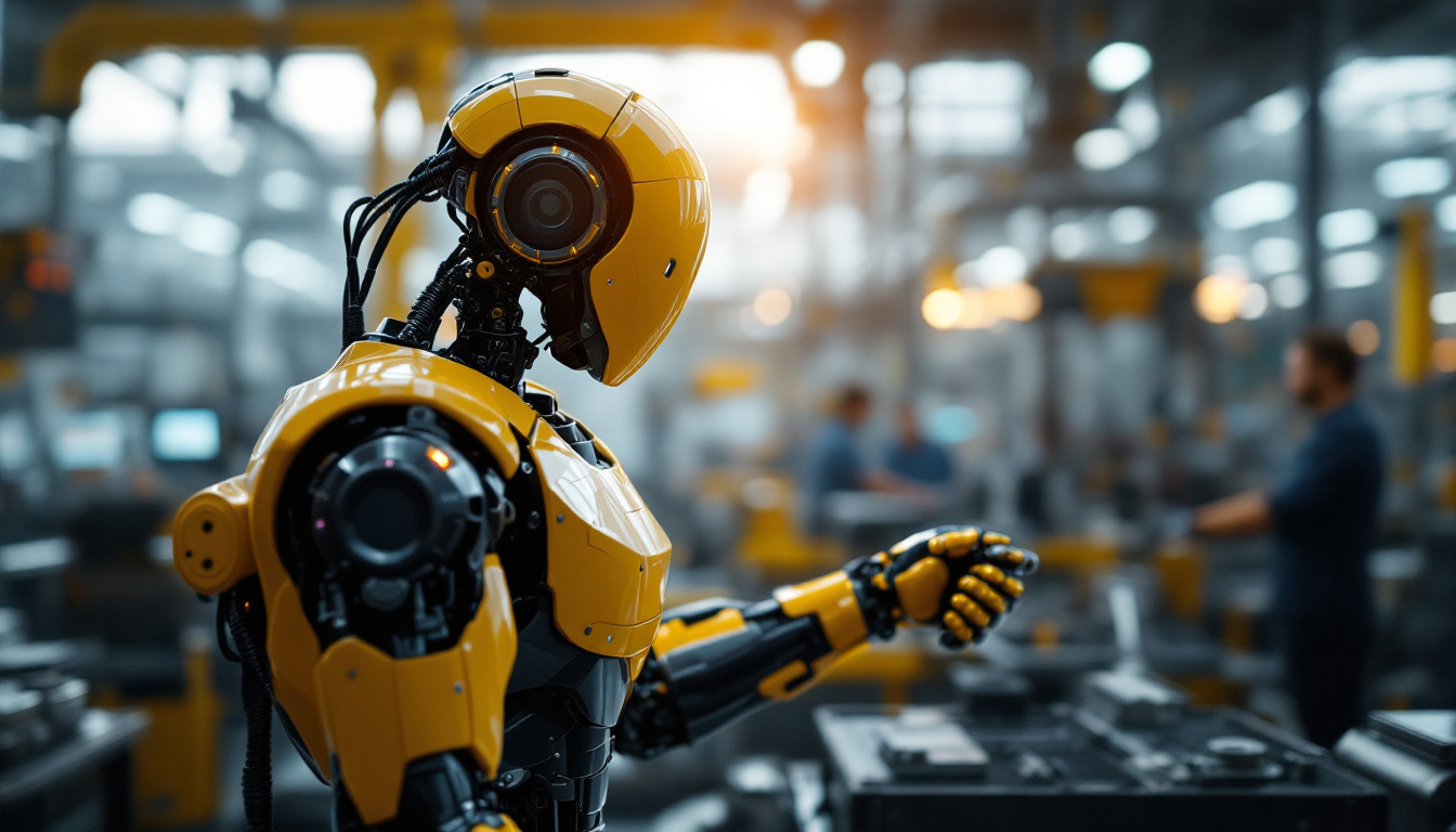 A photograph of a sleek industrial robot in action on a factory floor