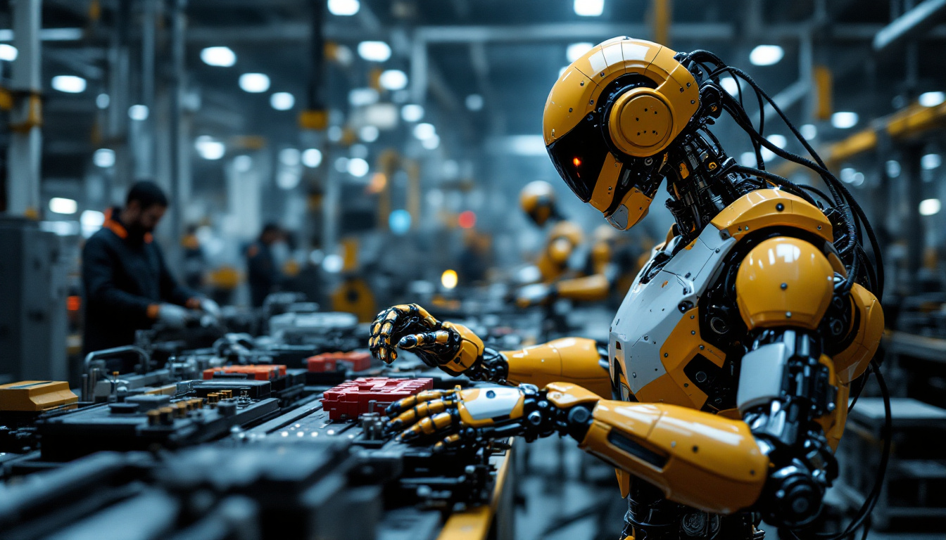 A photograph of a sleek industrial robot in action on a factory floor