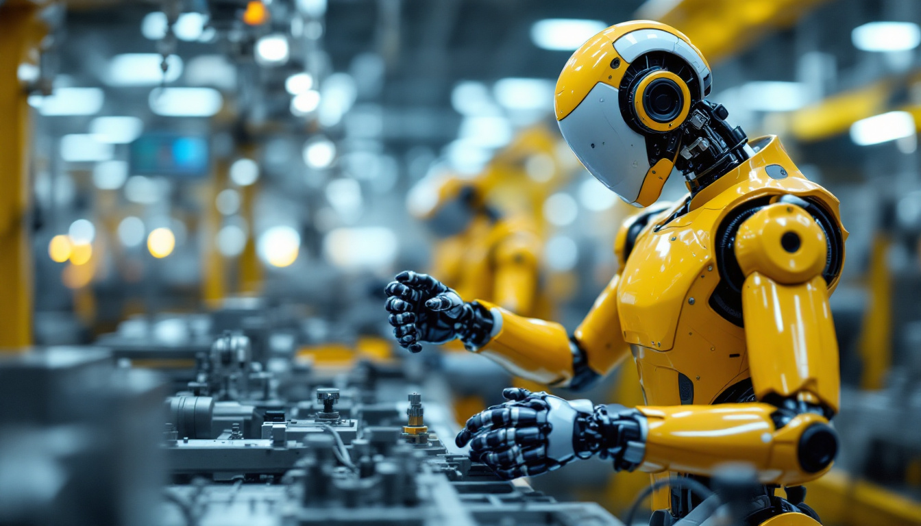 A photograph of a sleek industrial robot in action on a factory floor