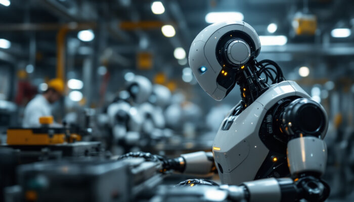 A photograph of a modern industrial robot in action