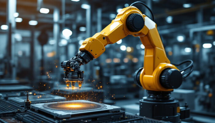 A photograph of a sleek industrial robotic arm in action