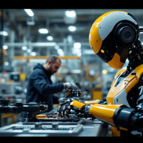 A photograph of a modern industrial robot in action within a manufacturing setting