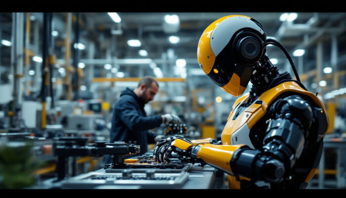 A photograph of a modern industrial robot in action within a manufacturing setting