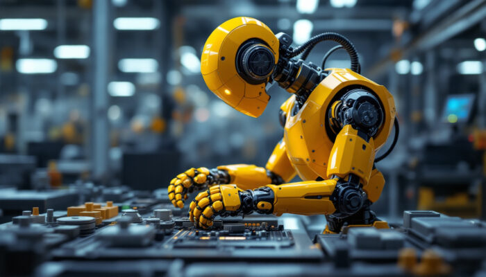 A photograph of a modern industrial robot in action within a manufacturing setting