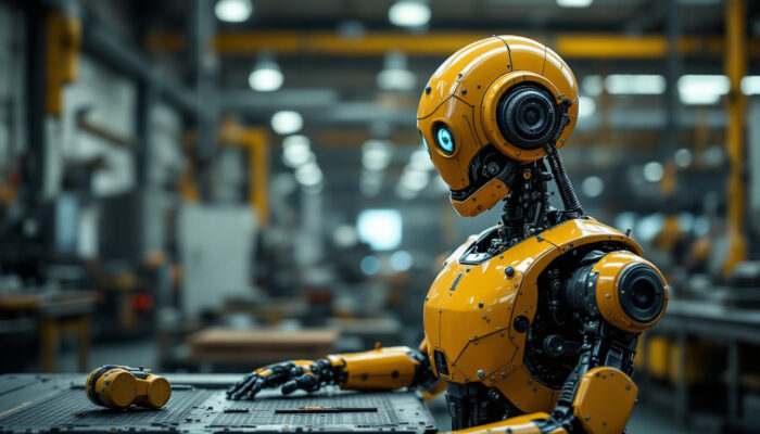 A photograph of a vintage industrial robot in a factory setting