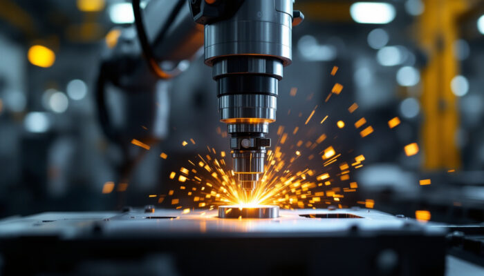 A photograph of a high-tech industrial robot in action