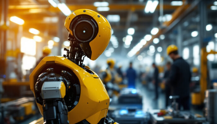A photograph of a sleek industrial robot in action