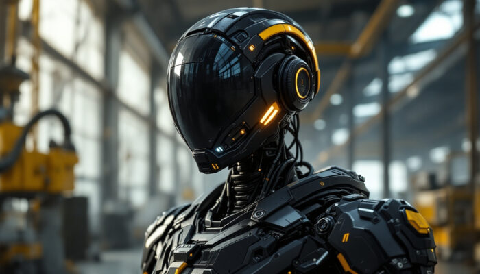 A photograph of a futuristic military robot in an industrial setting
