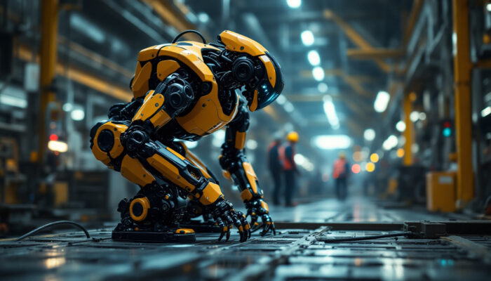 A photograph of a boston dynamics robot in action within an industrial setting