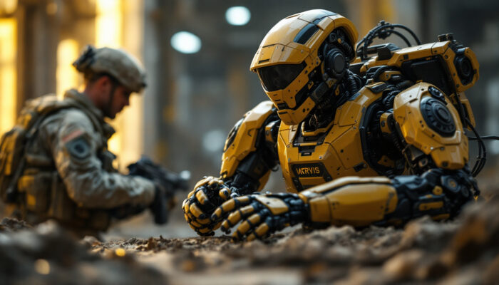 A photograph of a military robot in action