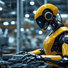 A photograph of capture a photograph of a sleek industrial robot in action within a modern manufacturing facility