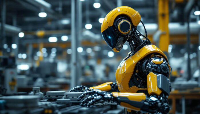A photograph of capture a photograph of a sleek industrial robot in action within a modern manufacturing facility