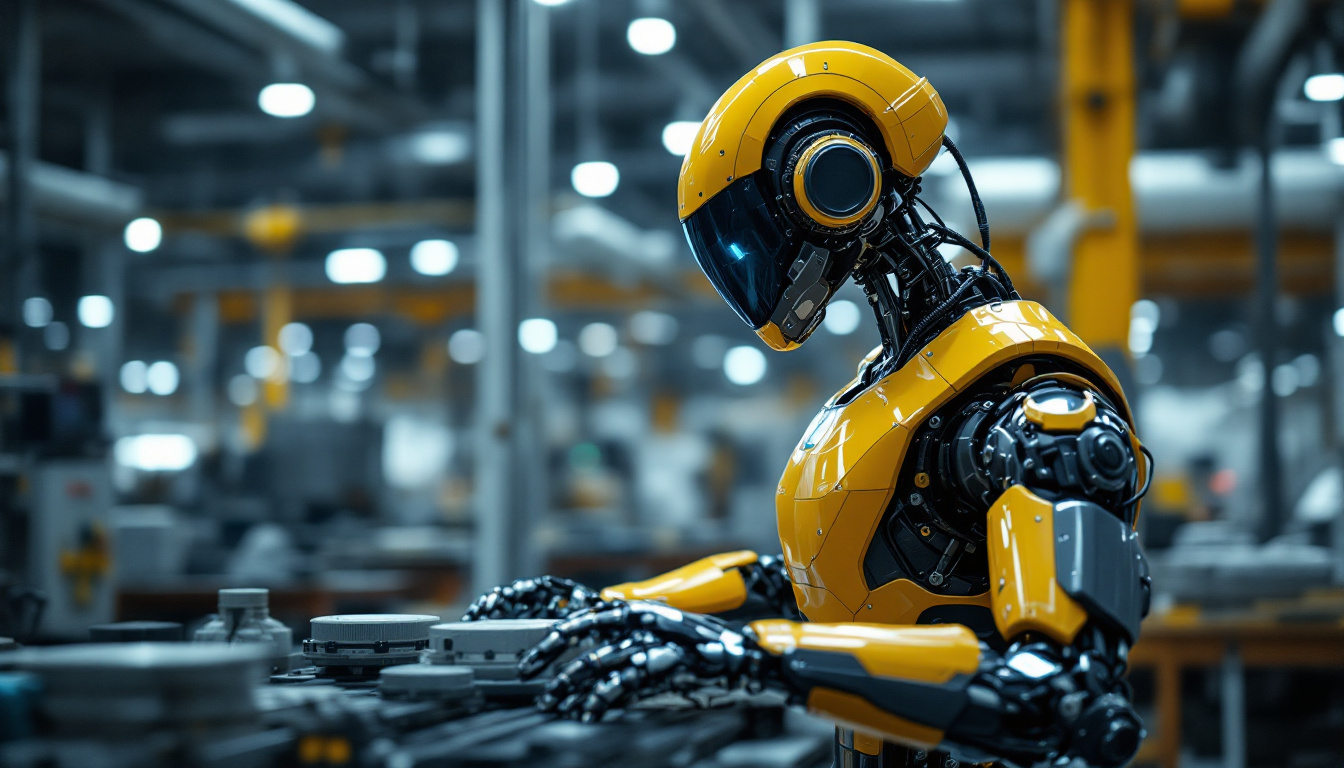 A photograph of capture a photograph of a sleek industrial robot in action within a modern manufacturing facility