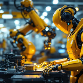 A photograph of a dynamic industrial robot in action