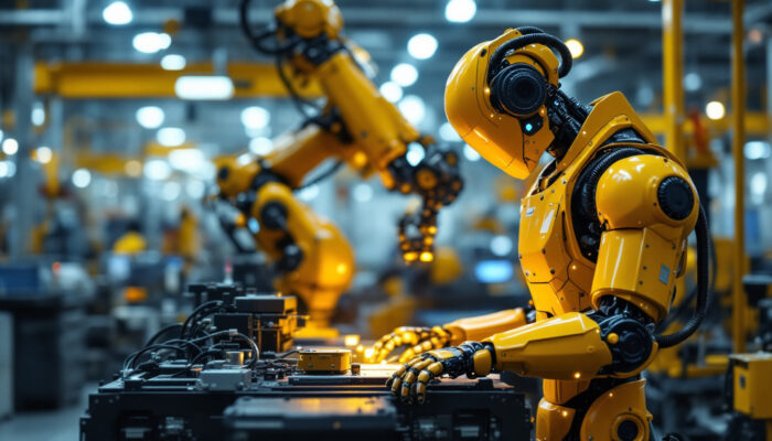 A photograph of a dynamic industrial robot in action