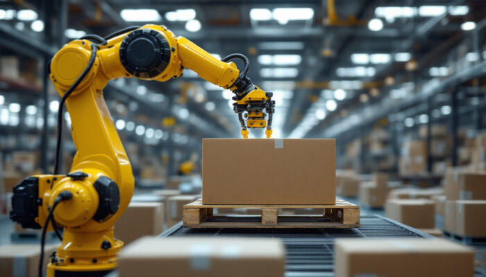 A photograph of a modern industrial robotic arm in action