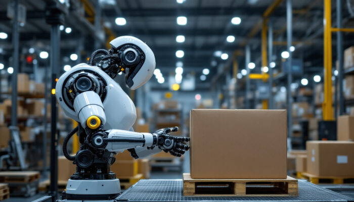 A photograph of a modern industrial robot efficiently palletizing boxes in a bustling warehouse environment