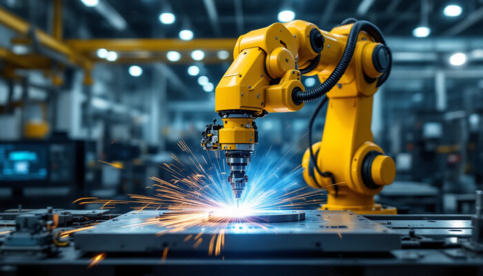 A photograph of a robotic arm performing electron beam welding on a metal workpiece in a modern industrial setting
