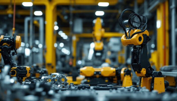 A photograph of a ur10 robot in an industrial setting