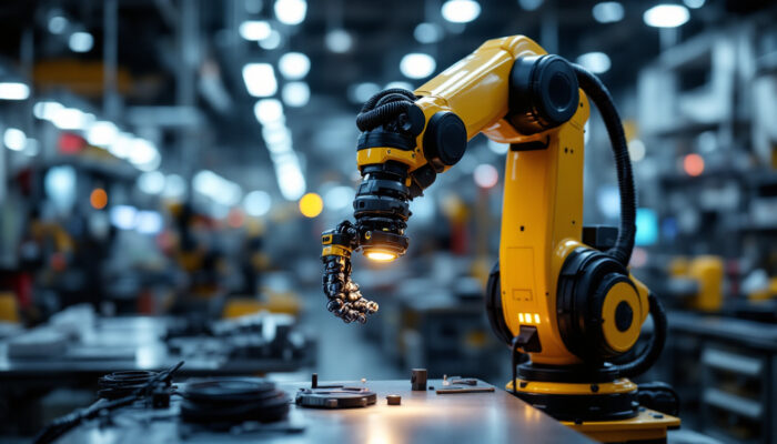 A photograph of a sleek industrial robotic arm in action