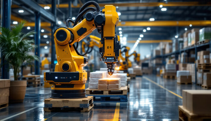 A photograph of a modern industrial robotic palletizer in action