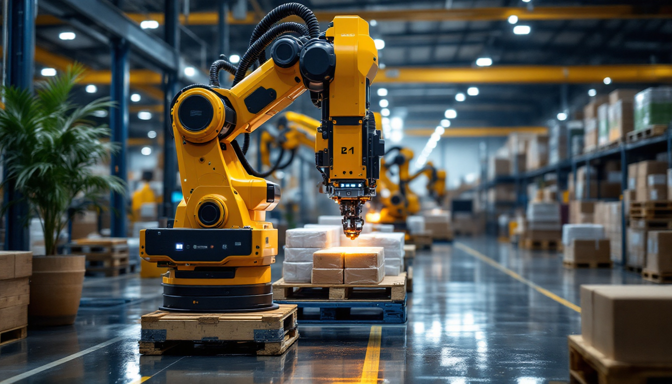 A photograph of a modern industrial robotic palletizer in action