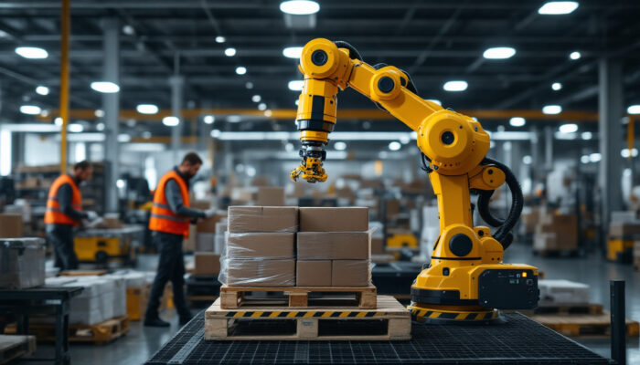 A photograph of capture a photograph of a cobot palletizer in action
