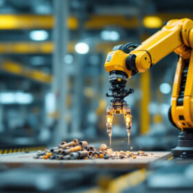 A photograph of a modern industrial robotic arm in action