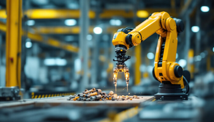 A photograph of a modern industrial robotic arm in action