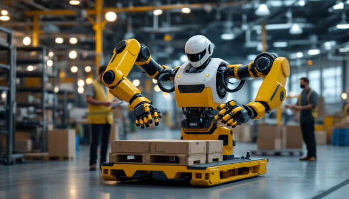 A photograph of a cobot palletizer in action