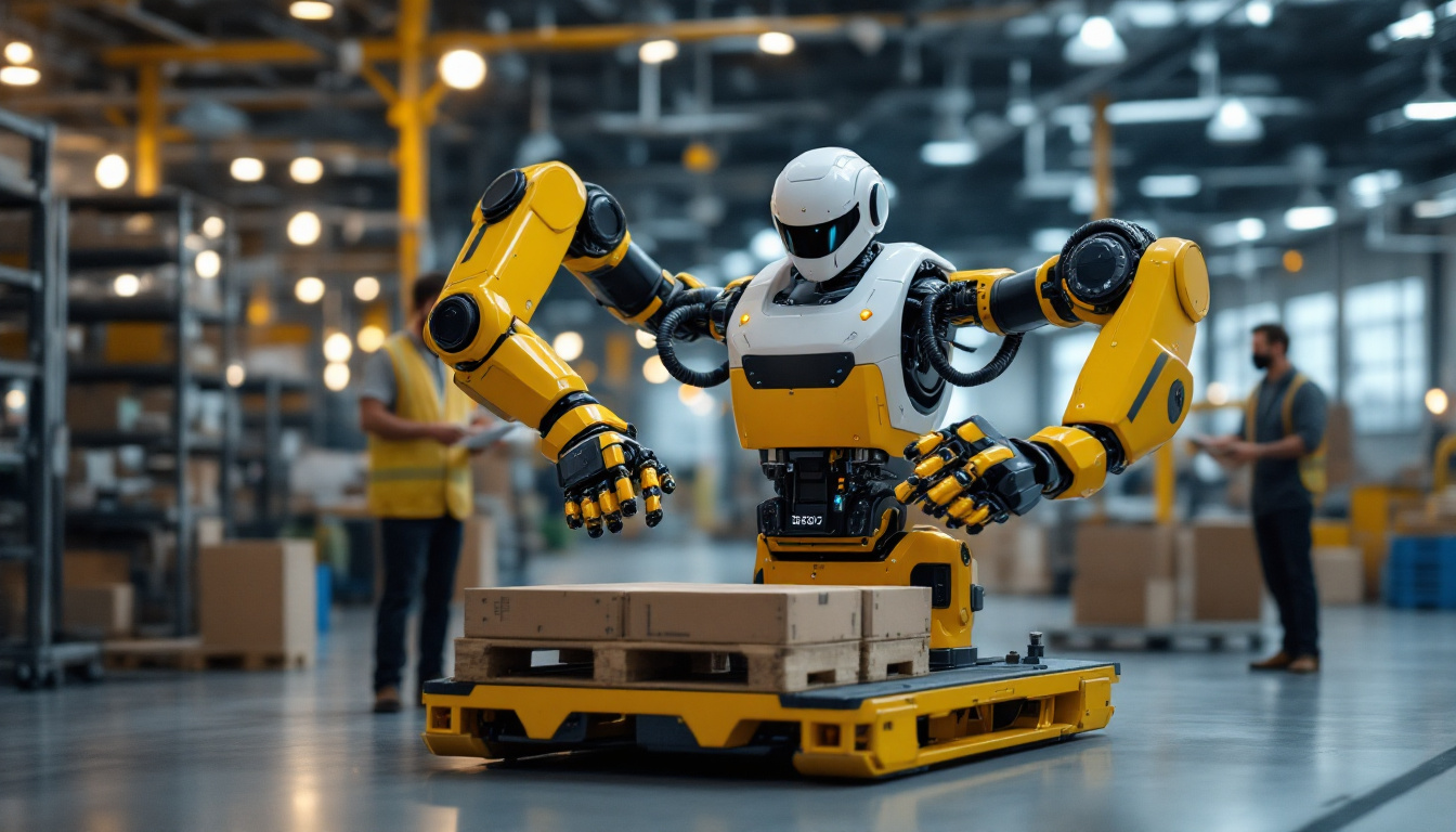 A photograph of a cobot palletizer in action