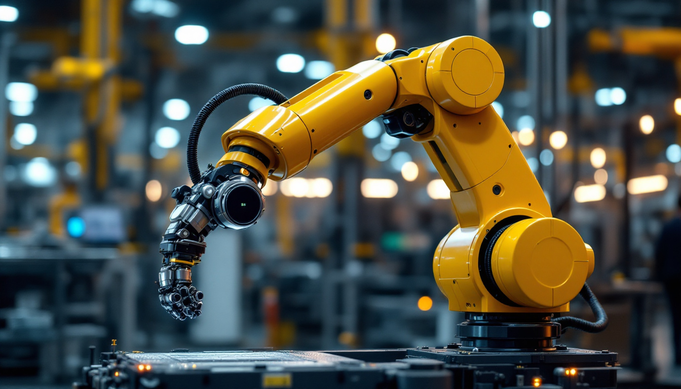 A photograph of a sleek industrial robotic arm in action
