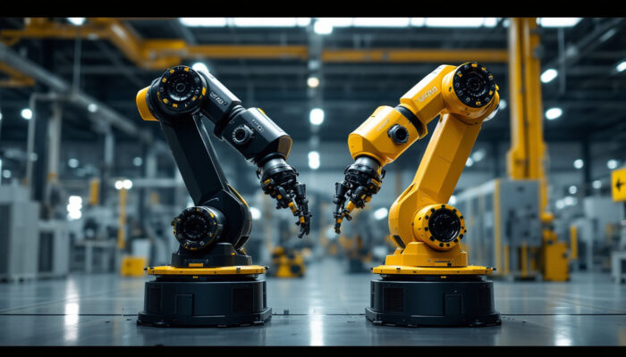 A photograph of a side-by-side comparison of the ur20e and ur20 industrial robots in an industrial setting