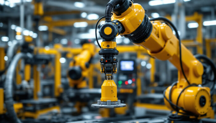 A photograph of a sleek industrial robotic arm in action