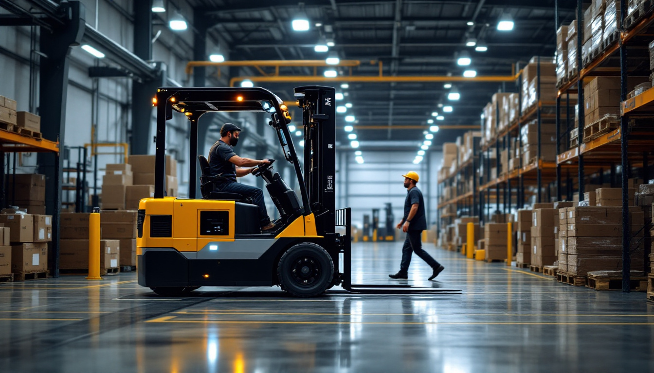 A photograph of capture a photograph of an automated guided forklift in action within a modern warehouse setting