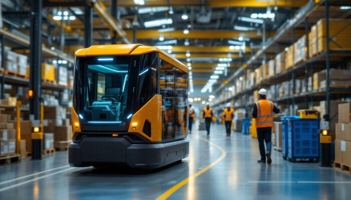 A photograph of a modern automated guided vehicle (agv) in action within an industrial setting
