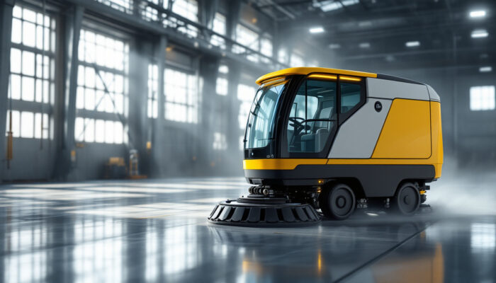 A photograph of a robotic floor scrubber in action within an industrial setting