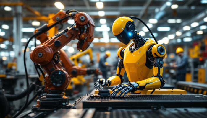 A photograph of a modern industrial robot in action