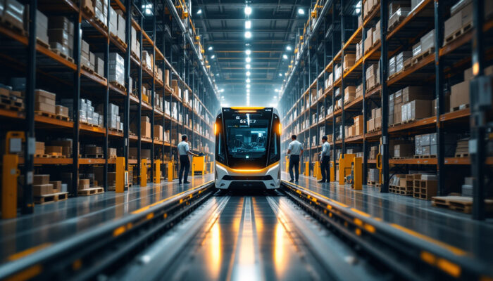 A photograph of a sleek and modern automatic guided vehicle (agv) navigating through a bustling industrial warehouse