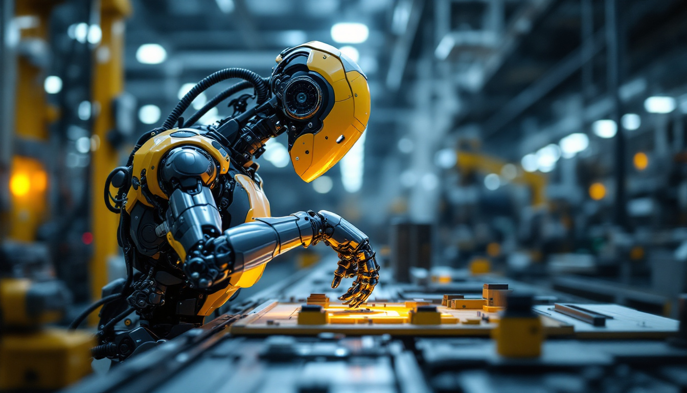 A photograph of capture a photograph of a modern industrial robot in action within a manufacturing environment