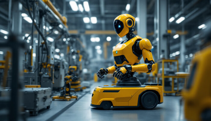 A photograph of a sleek industrial mobile robot in action within a factory setting