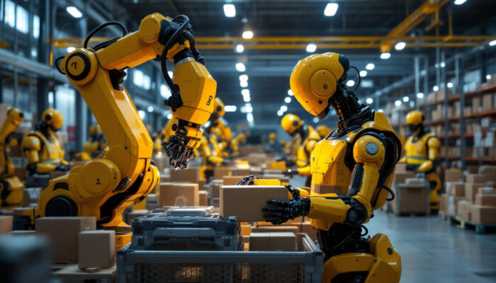A photograph of a modern warehouse scene showcasing industrial robots in action