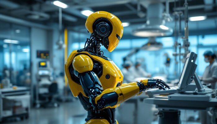 A photograph of a sleek industrial robot in action within a modern hospital environment