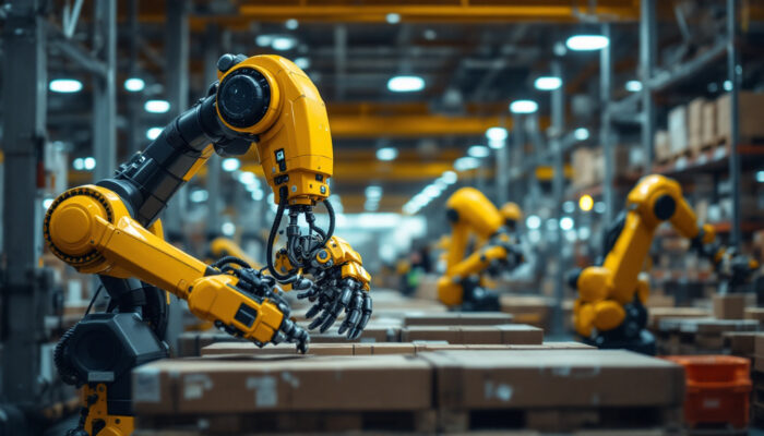 A photograph of a busy warehouse environment showcasing industrial robots in action