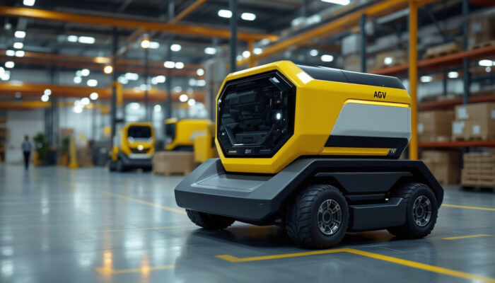 A photograph of a sleek agv tow tractor in action within an industrial setting